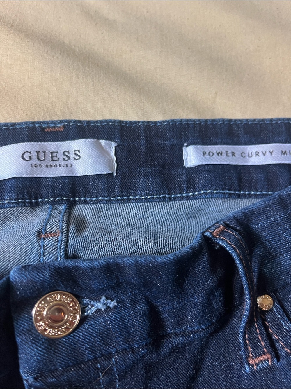GUESS Power Cirvy Mid Dark Blue Denim Jeans with Brown Stitching Accents - Picture 3 of 7